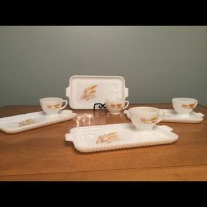 8 pc set vintage Fire King snack set. “Wheat”